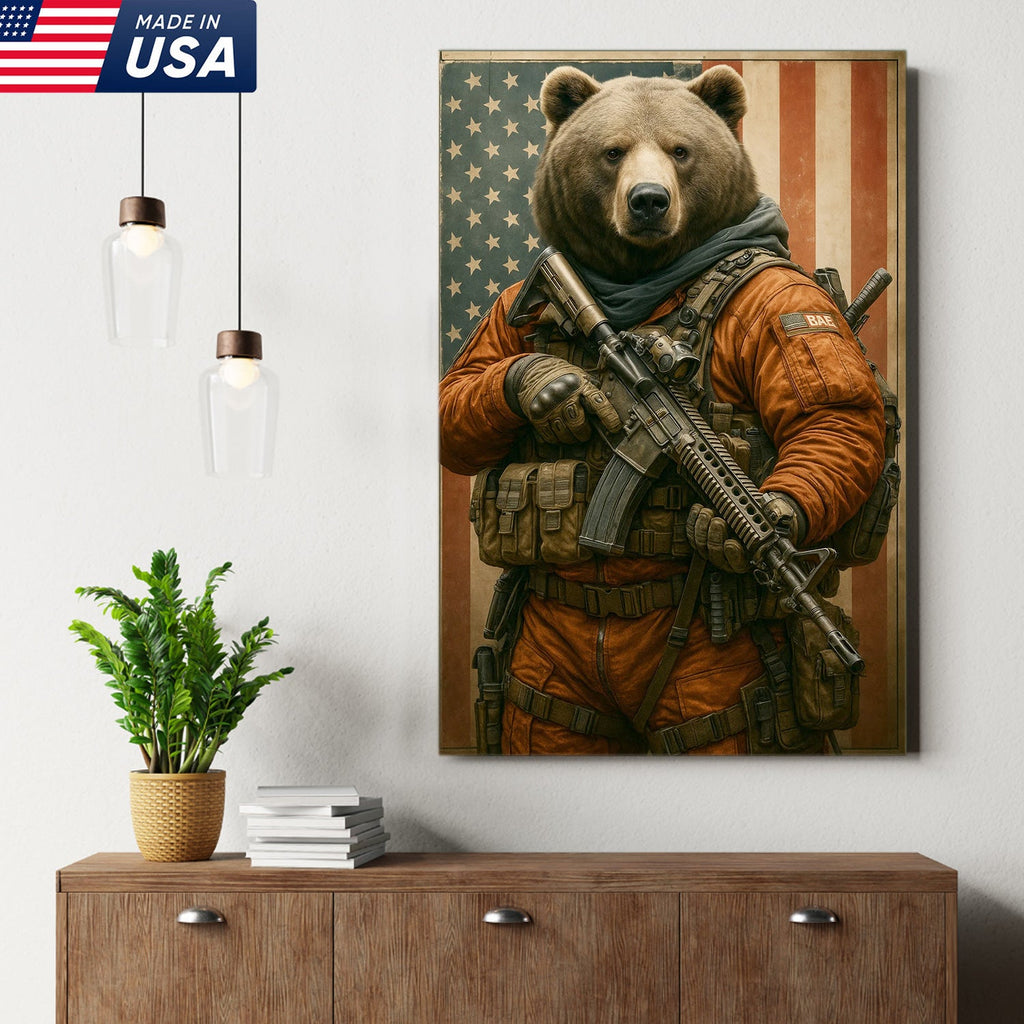Patriotic Bear Soldier Wall Art Canvas, Tactical Military Animal with American Flag