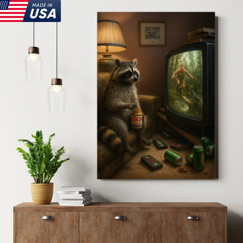 Funny Raccoon Watching TV Wall Art – Lazy Animal Painting, Wildlife Humor Canvas