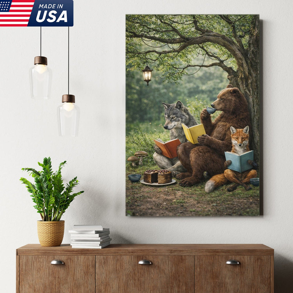 Whimsical Woodland Animals Reading Canvas Wall Art, Bear Wolf Fox Forest Storybook Decor