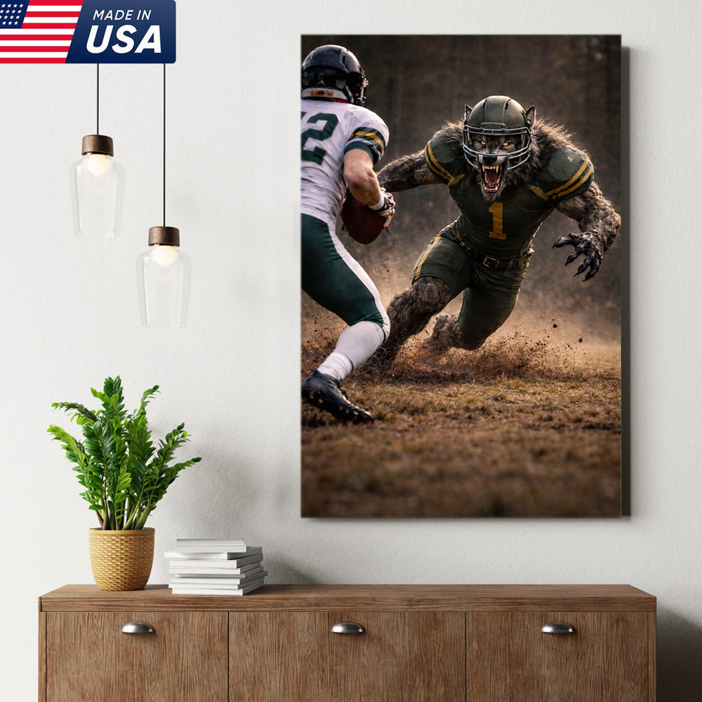 Fierce Wolf Football Canvas Wall Art – Intense Stadium Tackle Sports Print