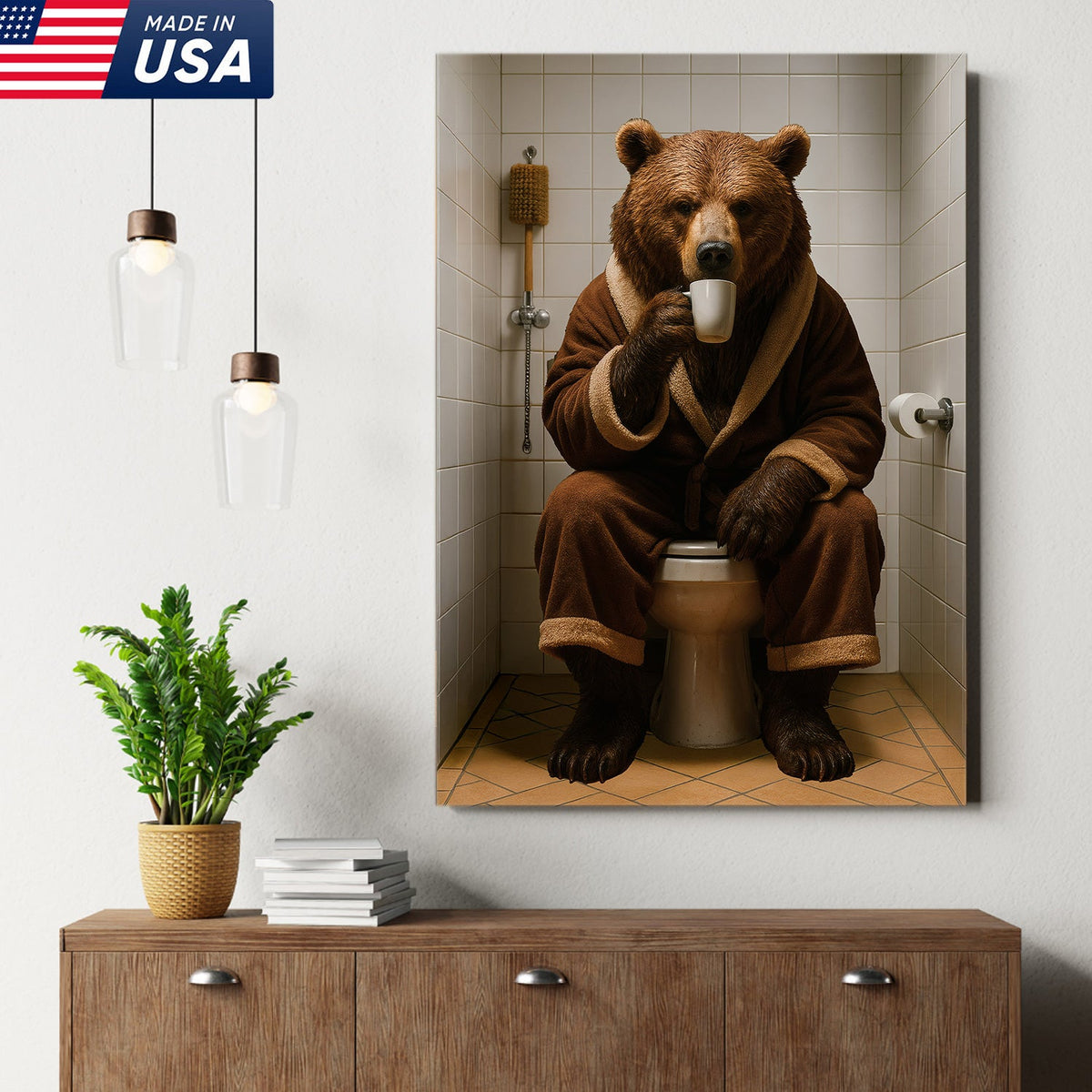 Hilarious Bear Toilet Canvas Wall Art – Morning Coffee, Quirky Bathroom Humor