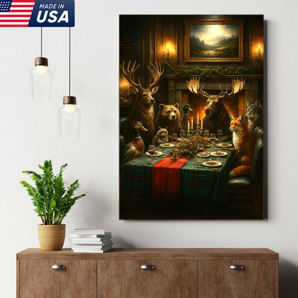 Rustic Wildlife Dinner Scene Wall Art Canvas – Forest Animal Gathering Decor