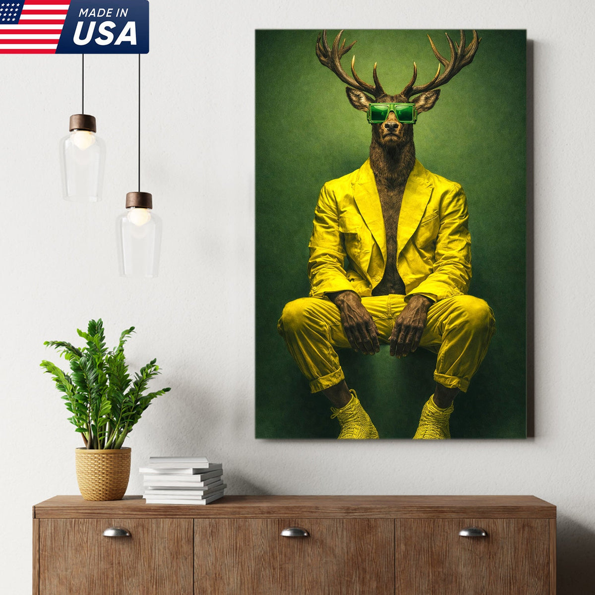 Cool Deer Canvas Wall Art Stylish Animal Portrait Green Suit Modern Decor