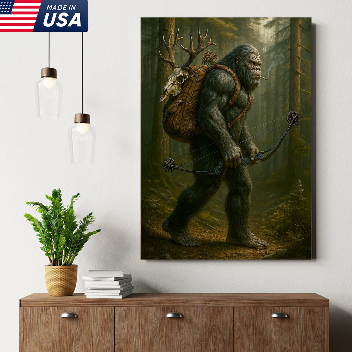 Bigfoot Hunter Canvas, Forest Archery Wall Art, Rustic Woodland Decor for Outdoor Adventure Lovers