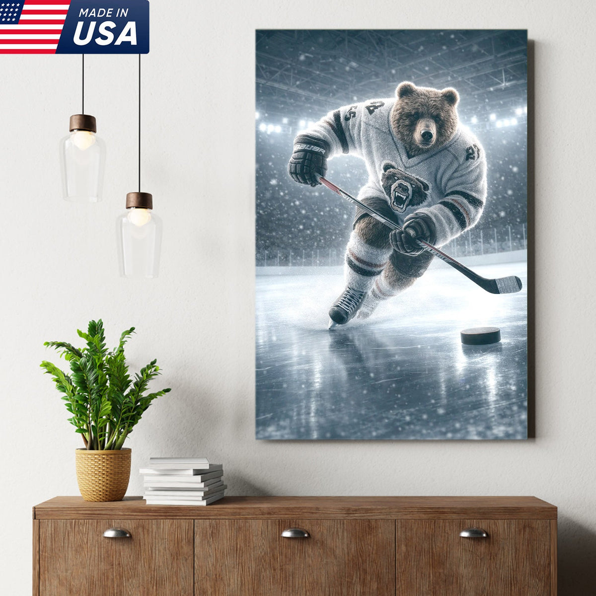 Epic Bear Ice Hockey Canvas Wall Art – Realistic Animal Athlete Print