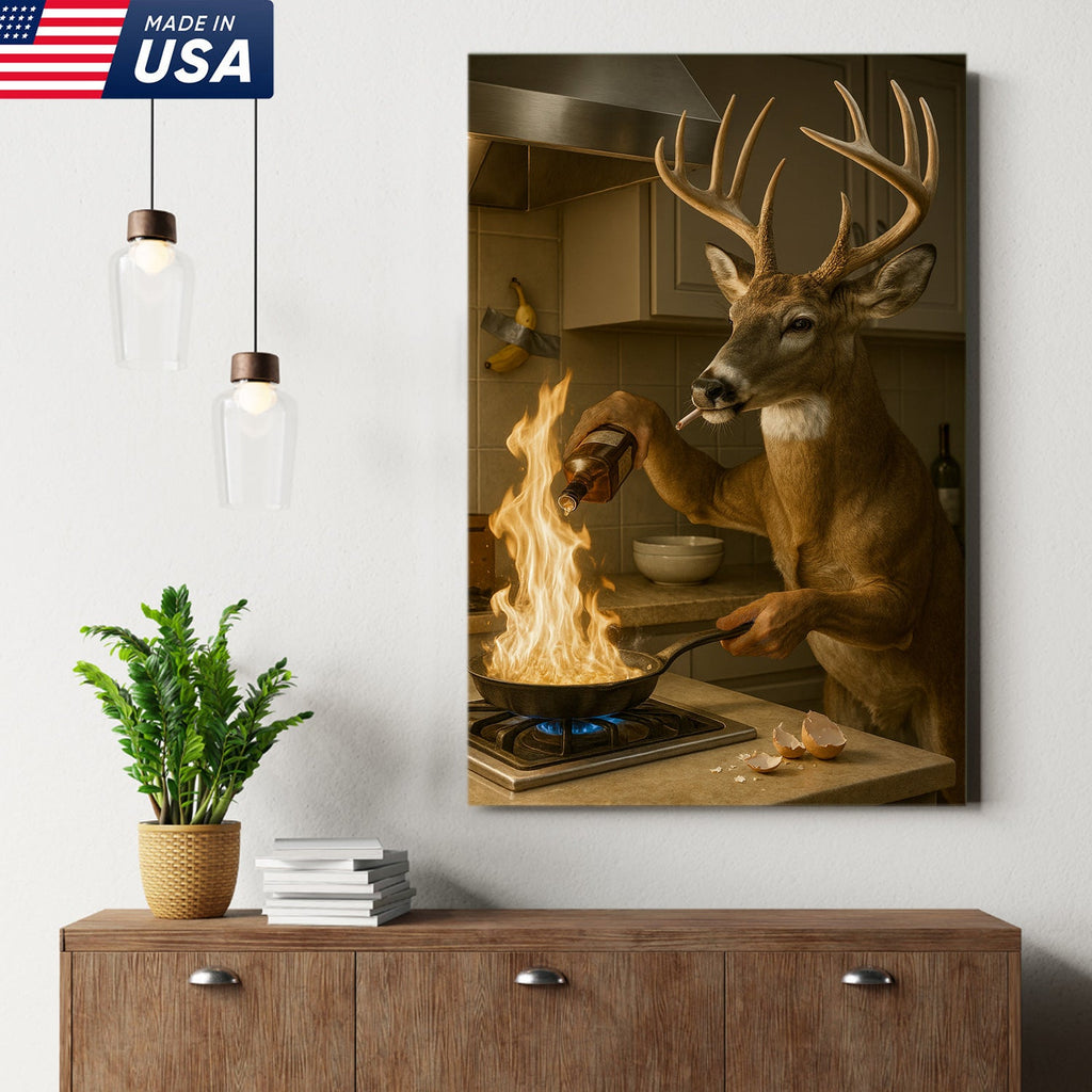 Funny Deer Cooking Canvas, Hilarious Buck Chef Wall Art, Rustic Humor Decor for Cabin