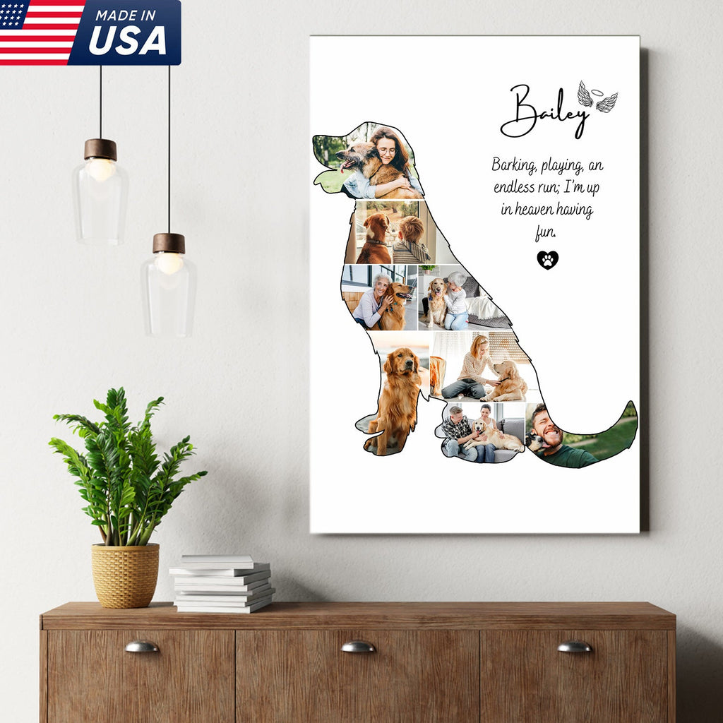 Custom Dog Memorial Print Canvas, Personalized Pet Loss Gift, Rainbow Bridge Dog Photo Collage