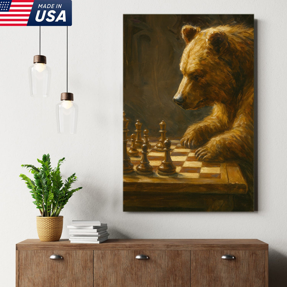 Rustic Bear Playing Chess Canvas Wall Art for Hunting Cabin or Lodge Decor, Wildlife Gift Idea