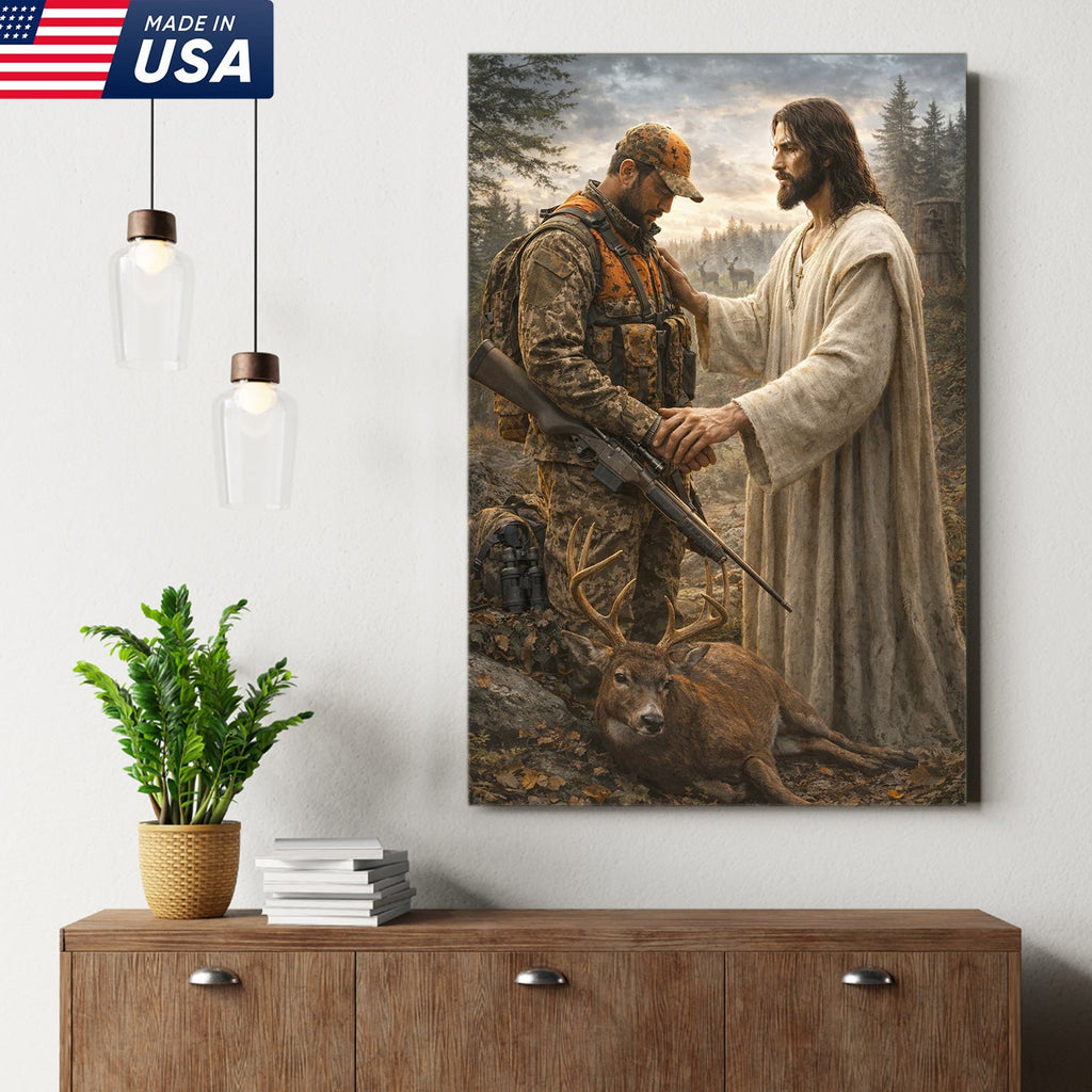 Jesus Hunting Canvas, Christian Hunter Wall Art, Faith Deer Decor