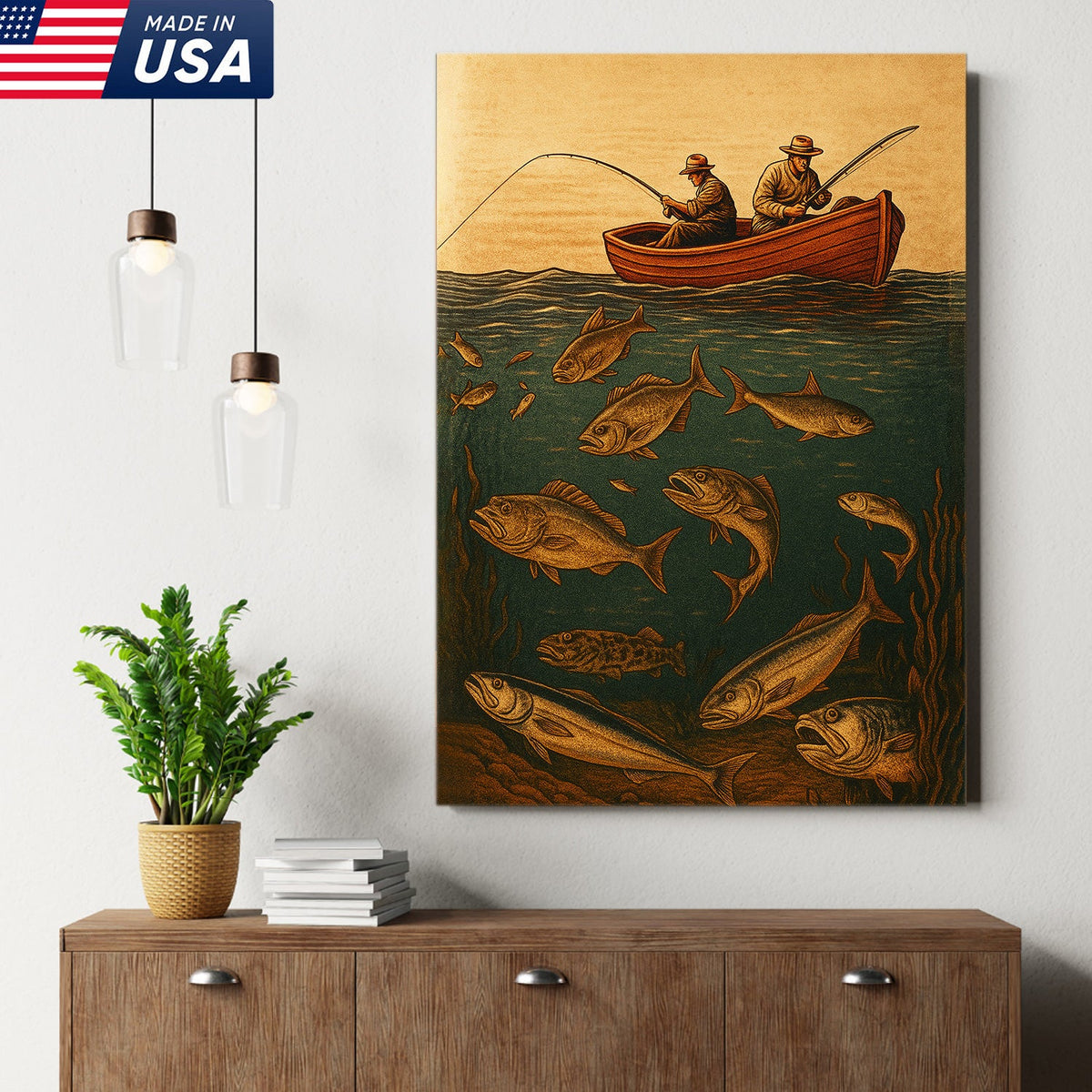 Vintage Fishermen Woodcut Wall Art – Retro Fishing Canvas Print