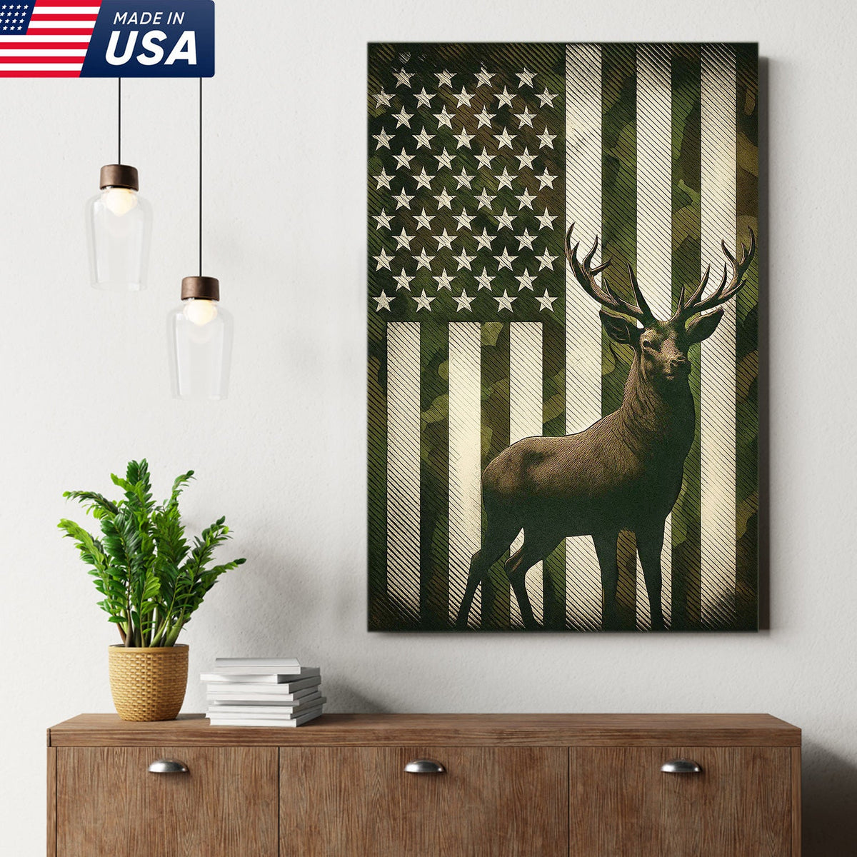 Patriotic Deer American Flag Canvas Wall Art, Camo USA Flag Buck Print