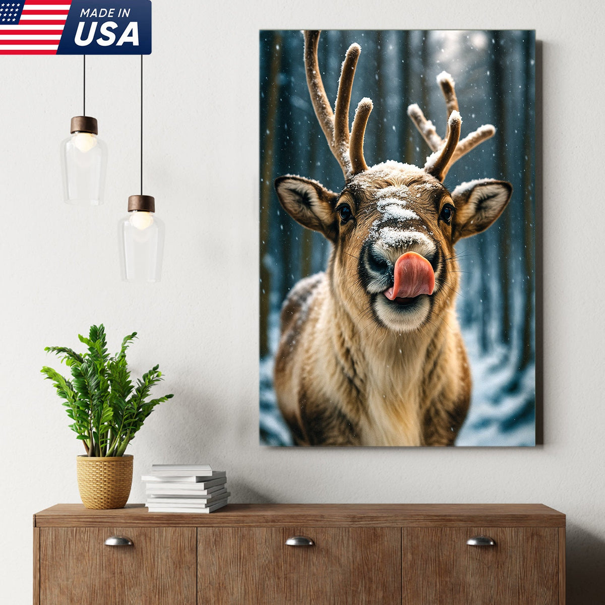 Winter Reindeer Portrait Canvas – Rustic Forest Wall Art for Cabin & Lodge Decor