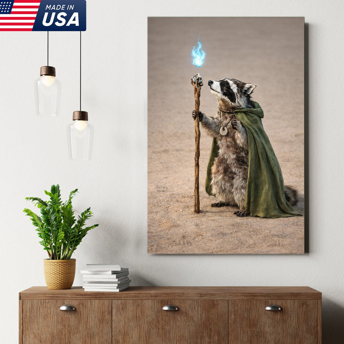 Wizard Raccoon Wall Art Canvas Print, Fantasy Animal Magic Illustration