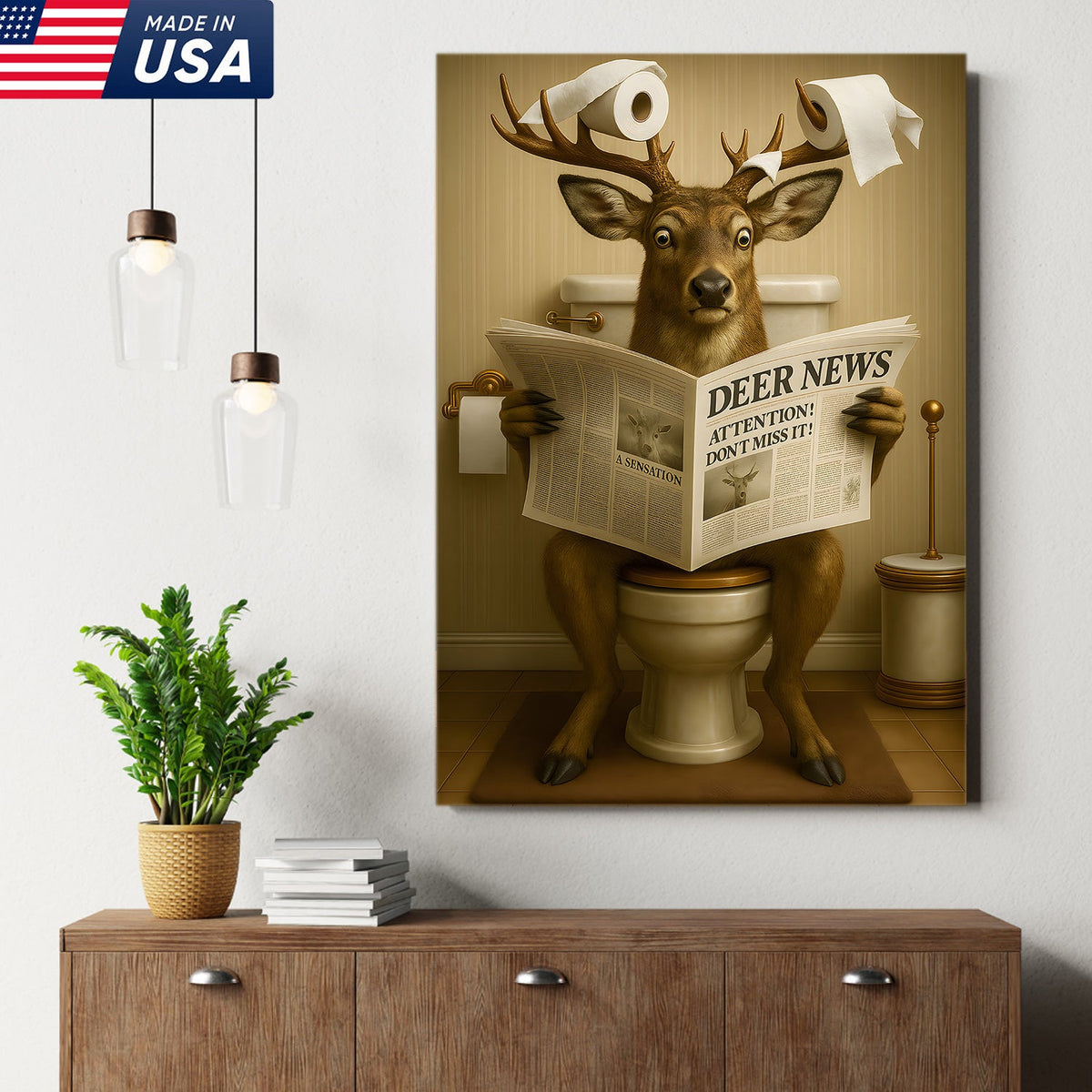 Funny Deer Bathroom Canvas – “Deer News” Toilet Wall Art for Hunters, Cabin, or Man Cave Decor