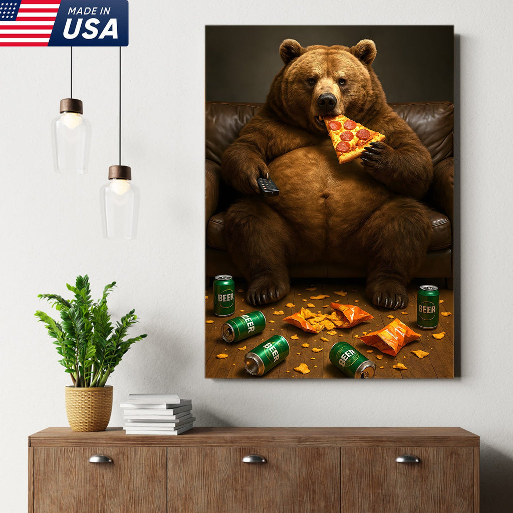 Funny Bear Eating Pizza Canvas Wall Art – Lazy Beer Lover Animal Canvas, Man Cave