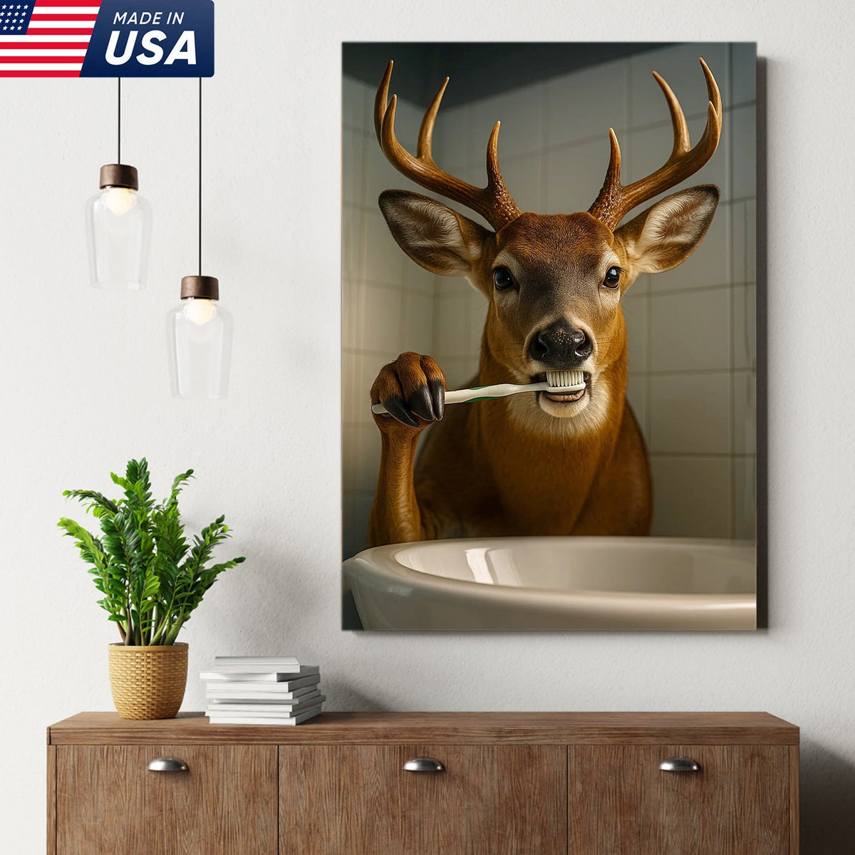Deer Canvas Wall Art – Funny Buck Brushing Teeth Unique Bathroom Decor for Hunters