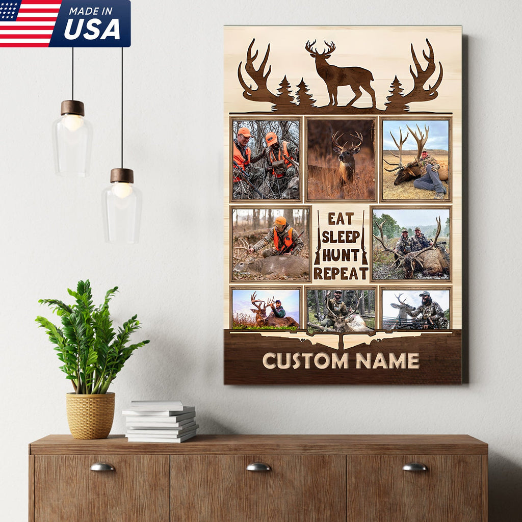 Personalized Hunting Photo Collage Canvas, Deer Antler Wall Art, Custom Hunter Gift