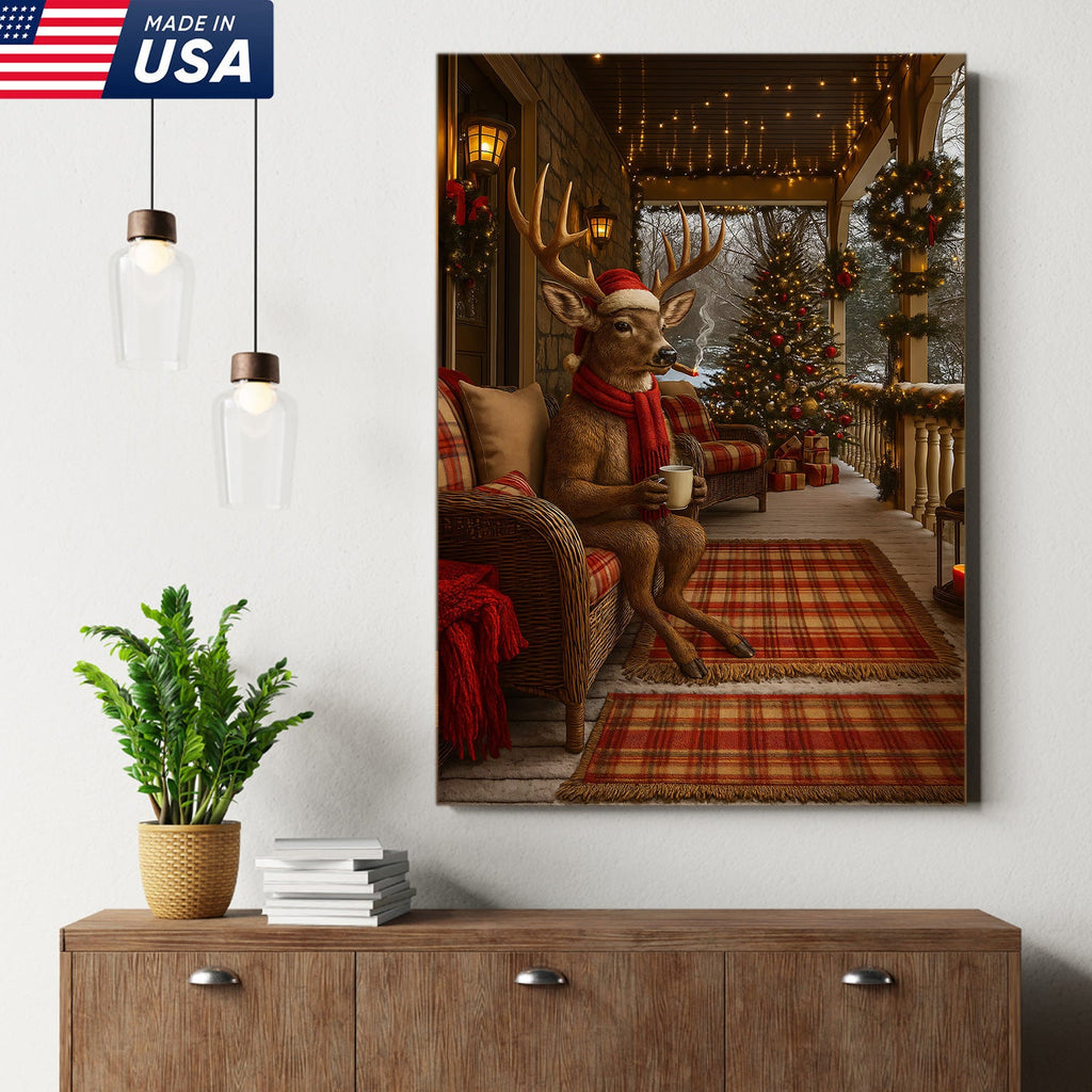 Christmas Deer Porch Canvas Wall Art, Cozy Cabin Reindeer With Scarf Holiday Print