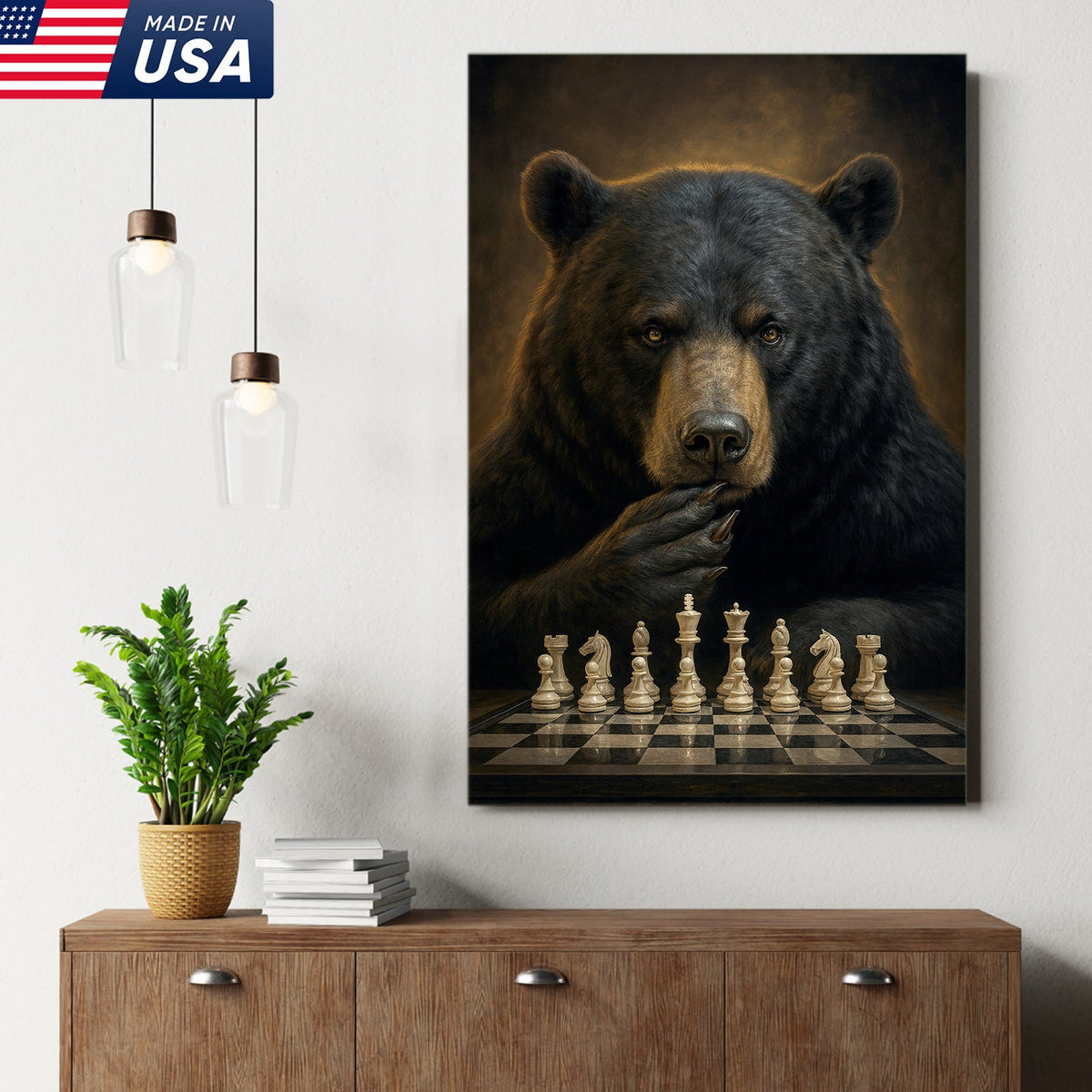 Chess Master Bear Wall Art Canvas – Strategic Bear Canvas Print for Man Cave & Smart Decor
