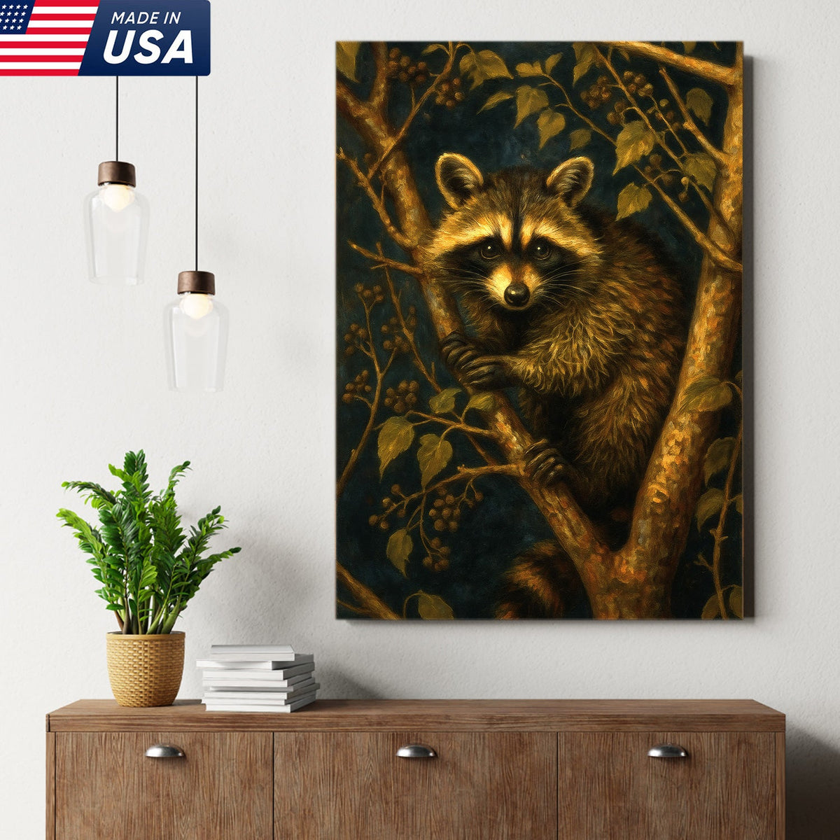 Raccoon Canvas Wall Art – Forest Night Wildlife, Rustic Lodge Decor, Gift for Animal Lovers