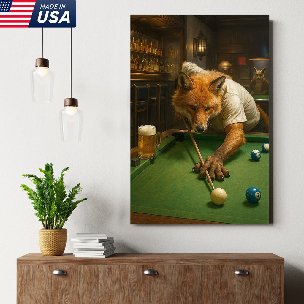 Fox Playing Pool Canvas Wall Art, Funny Billiards Room Decor, Game Room & Pool Hall Gift