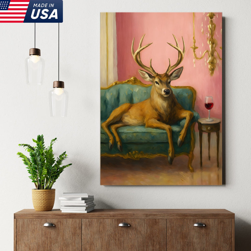 Funny Deer Chill On The Sofa Canvas Wall Art – Elegant Deer Drinking Wine Canvas