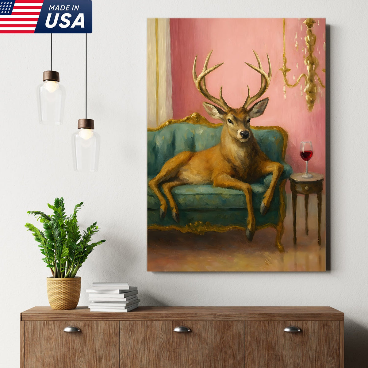 Funny Deer Chill On The Sofa Canvas Wall Art – Elegant Deer Drinking Wine Canvas
