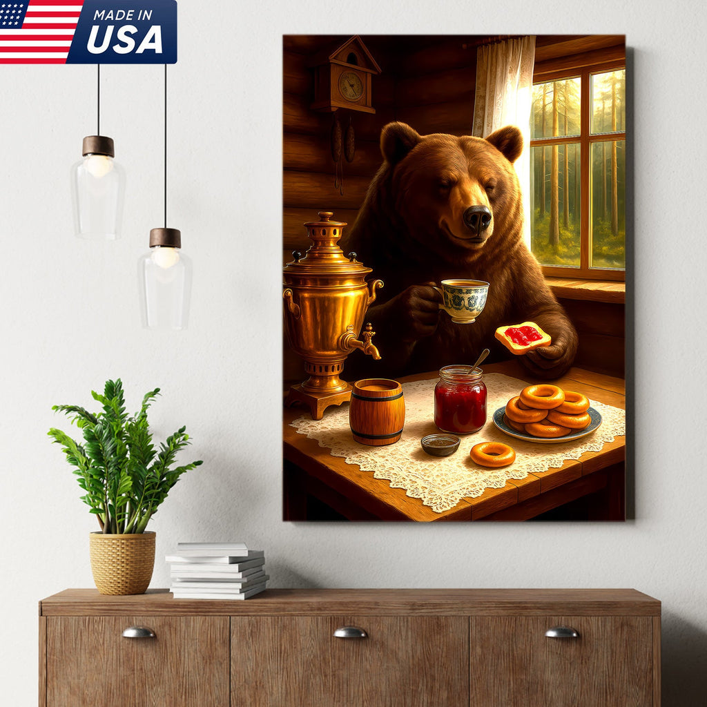 Relaxed Bear Having Tea Canvas Wall Art – Rustic Decor Funny Cozy Animal Canvas Art