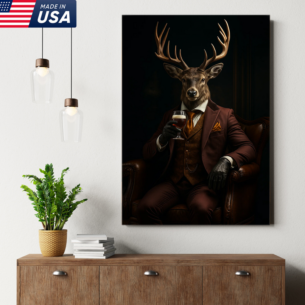 Deer Gentleman Canvas Wall Art – Rustic Lodge Decor, Anthropomorphic Buck in Suit