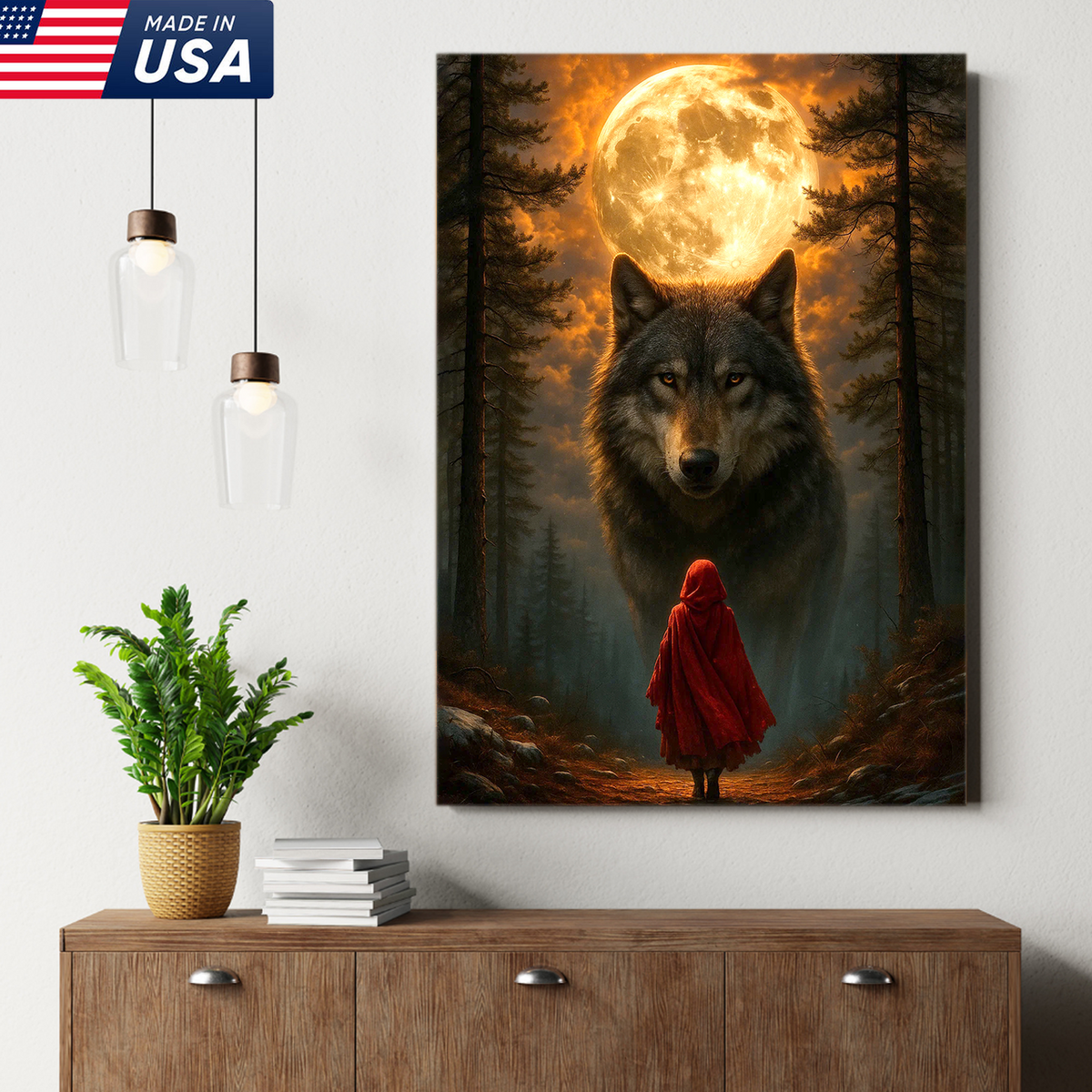 Wolf and Little Red Riding Hood Canvas Wall Art – Fantasy Moonlit Forest Scene