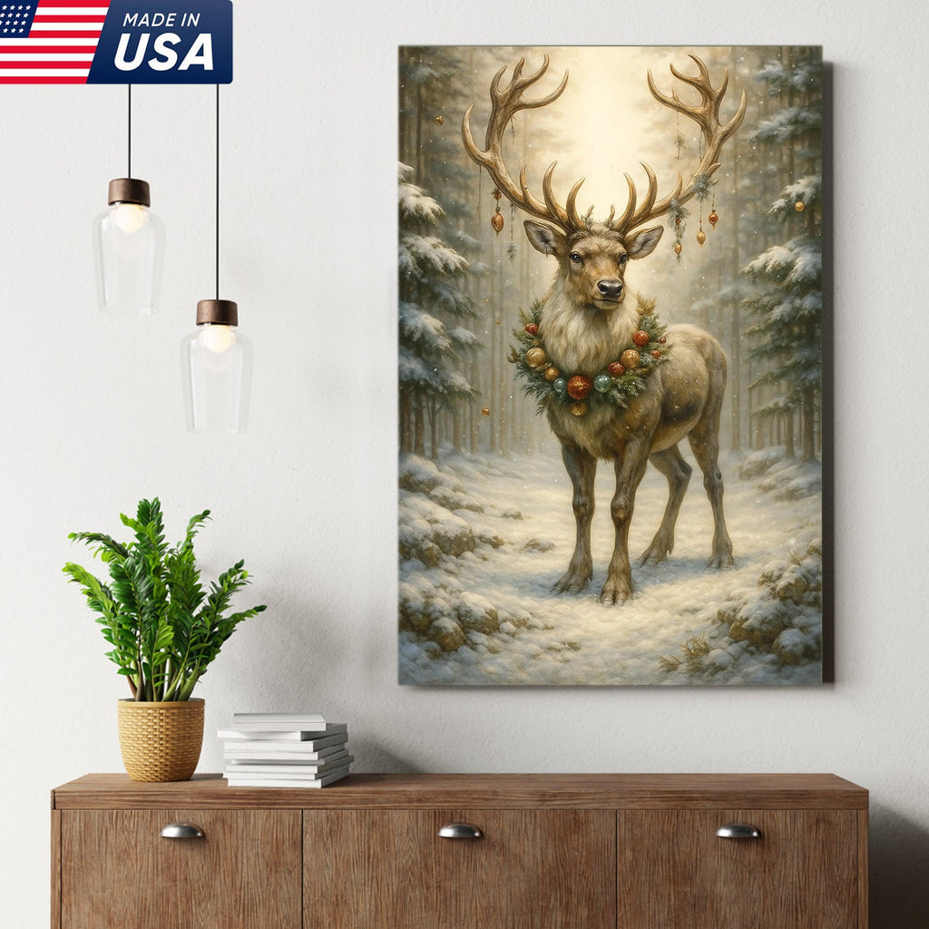 Christmas Reindeer Canvas Wall Art, Majestic Deer with Ornament Wreath in Snowy Forest