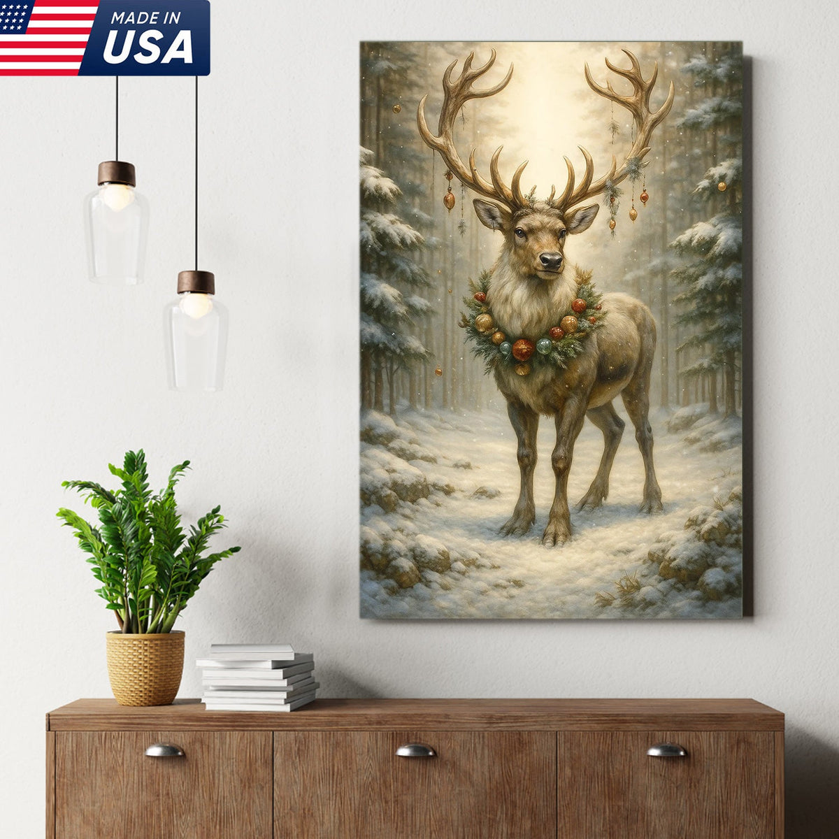 Christmas Reindeer Canvas Wall Art, Majestic Deer with Ornament Wreath in Snowy Forest