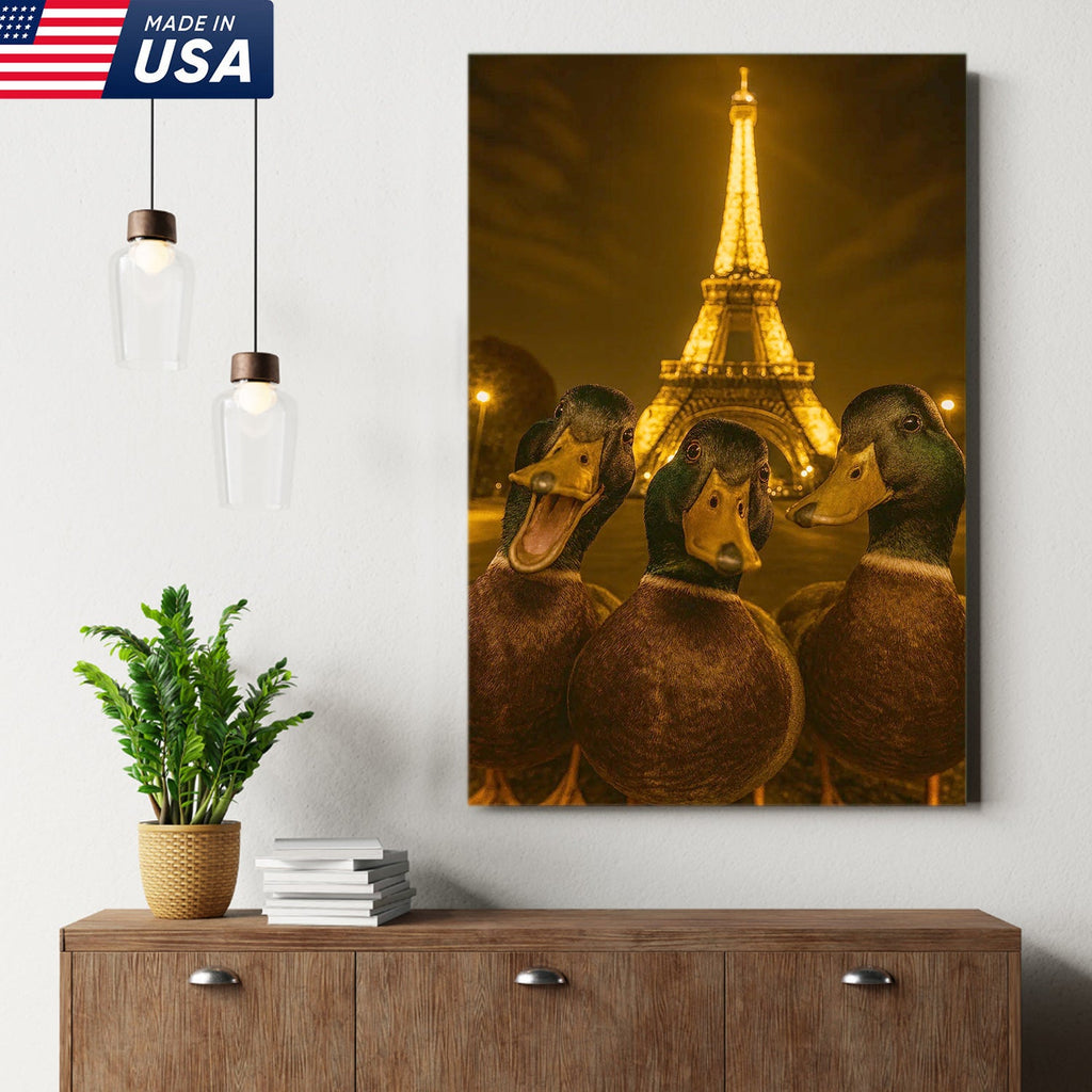 Paris Duck Selfie Canvas – Funny Three Ducks at Eiffel Tower, Hilarious Travel-Themed Wall Art