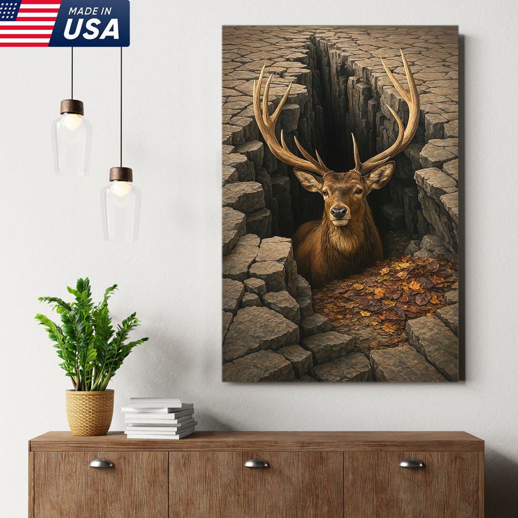 Epic Deer Canvas Art – Majestic Buck Emerging from Cracked Earth