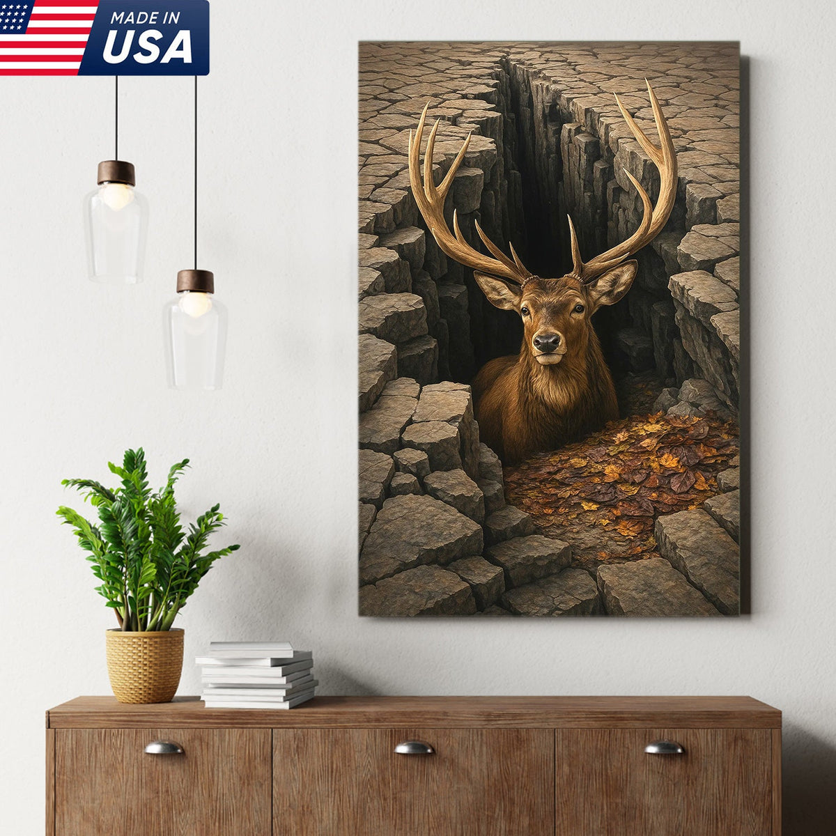 Epic Deer Canvas Art – Majestic Buck Emerging from Cracked Earth