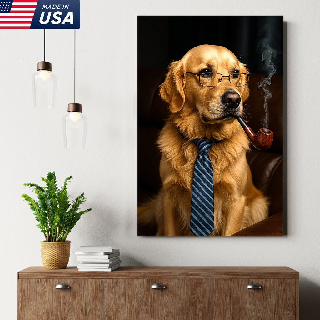 Gentleman Dog Canvas Art – Golden Retriever in Glasses & Tie with Pipe