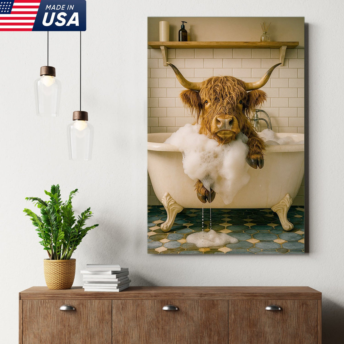 Highland Cow Bubble Bath Canvas Wall Art, Funny Farmhouse Bathroom Decor
