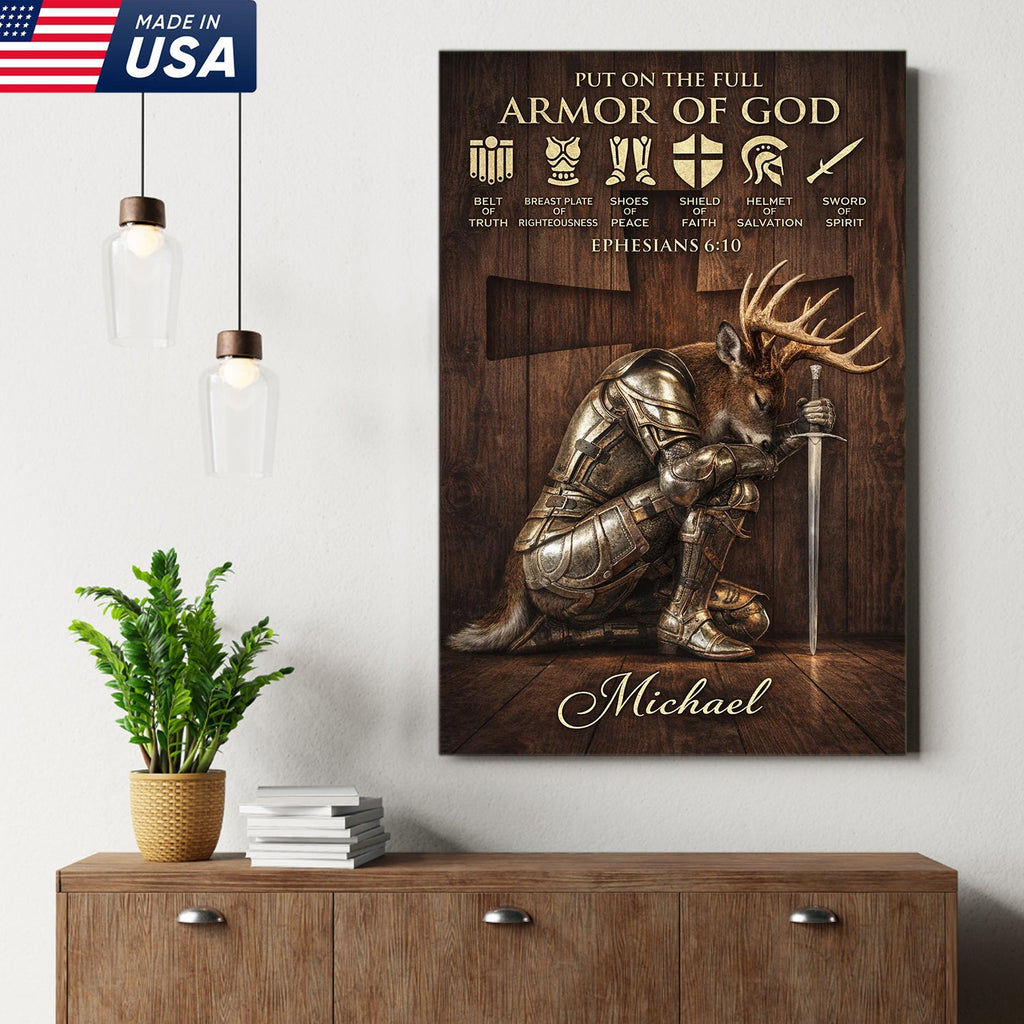 Personalized Armor of God Deer Knight Canvas Wall Art, Christian Ephesians 6:10 Scripture Artwork