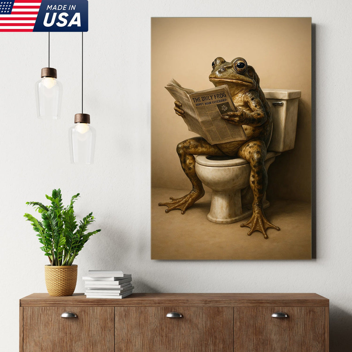 Funny Frog Bathroom Canvas Wall Art, Frog Reading Newspaper on Toilet