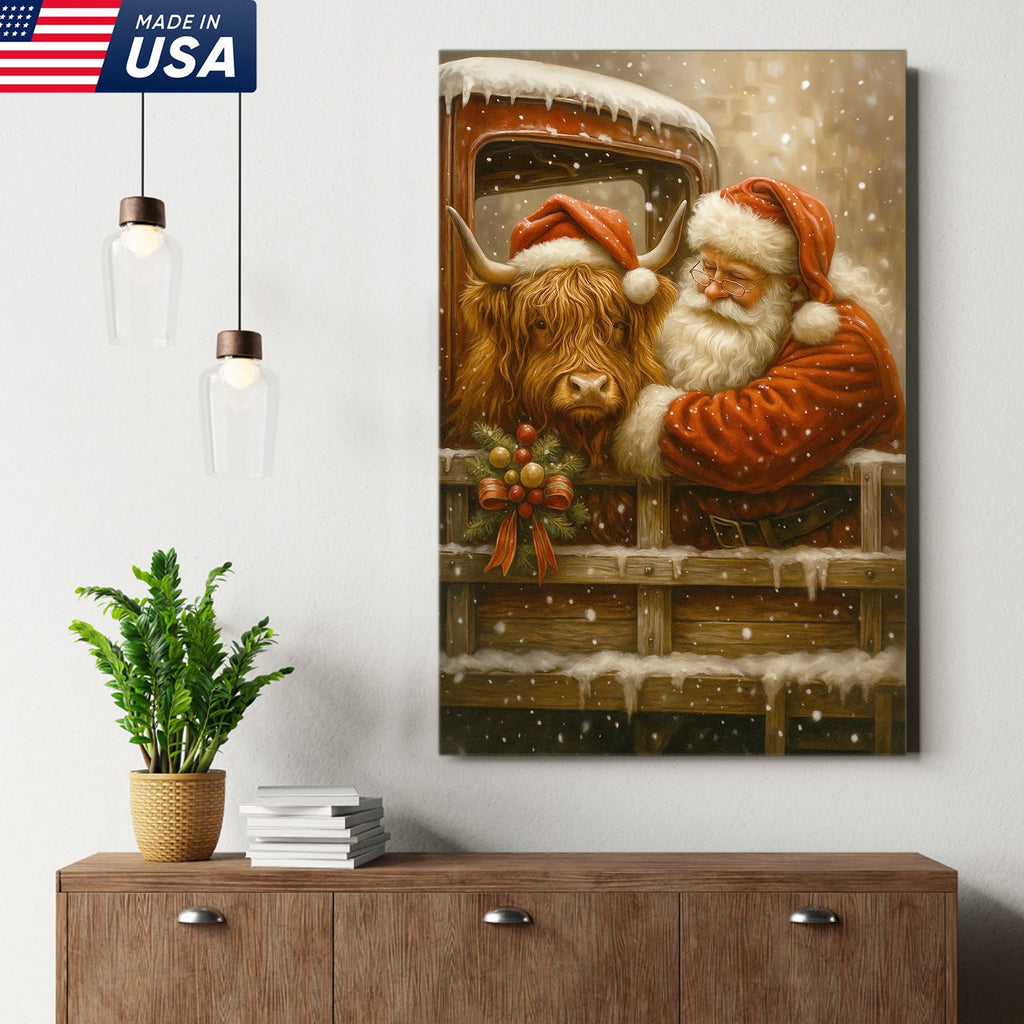 Santa and Highland Cow Christmas Canvas Wall Art, Rustic Farmhouse Holiday Truck Print