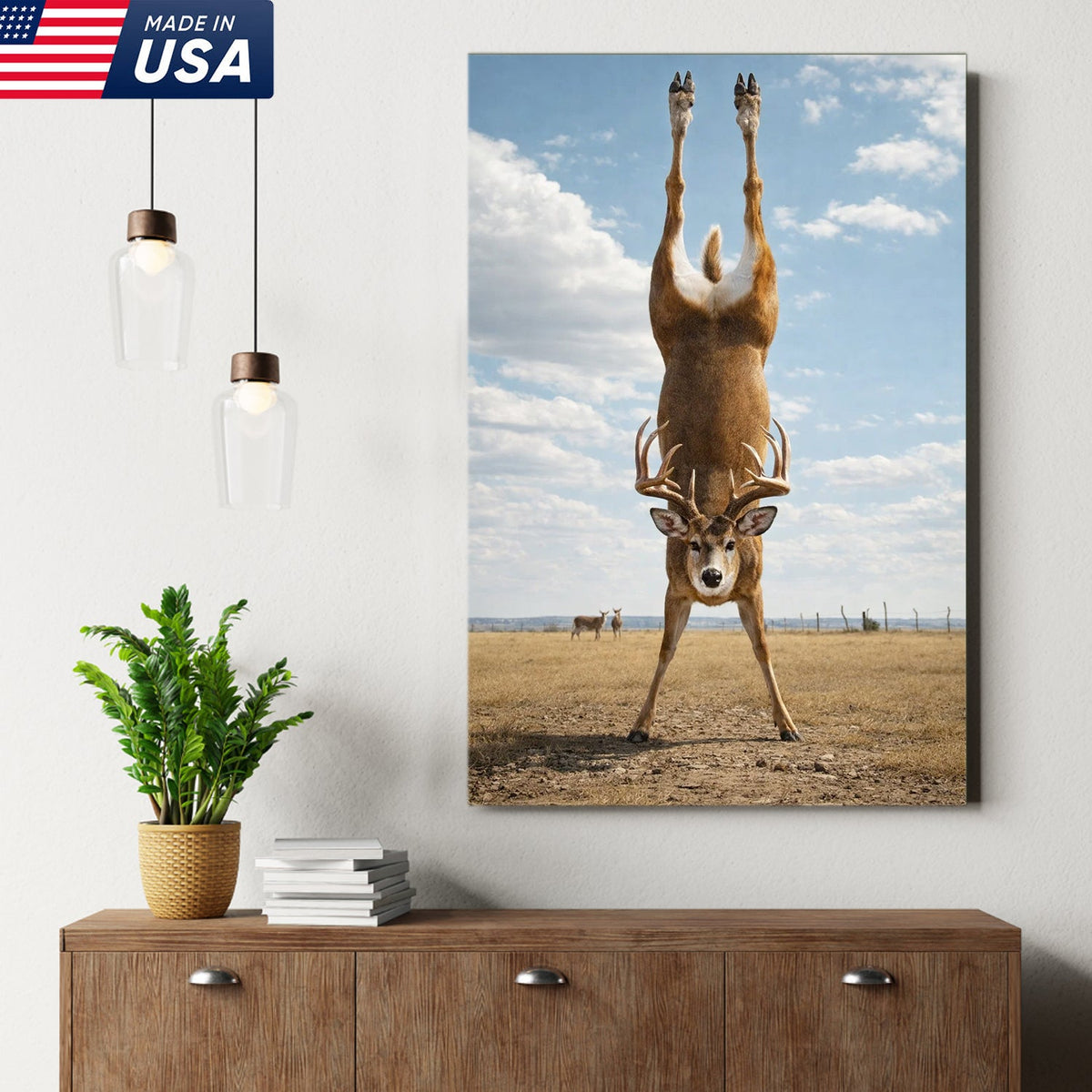 Upside Down Deer Canvas Wall Art, Funny Wildlife Photography Print