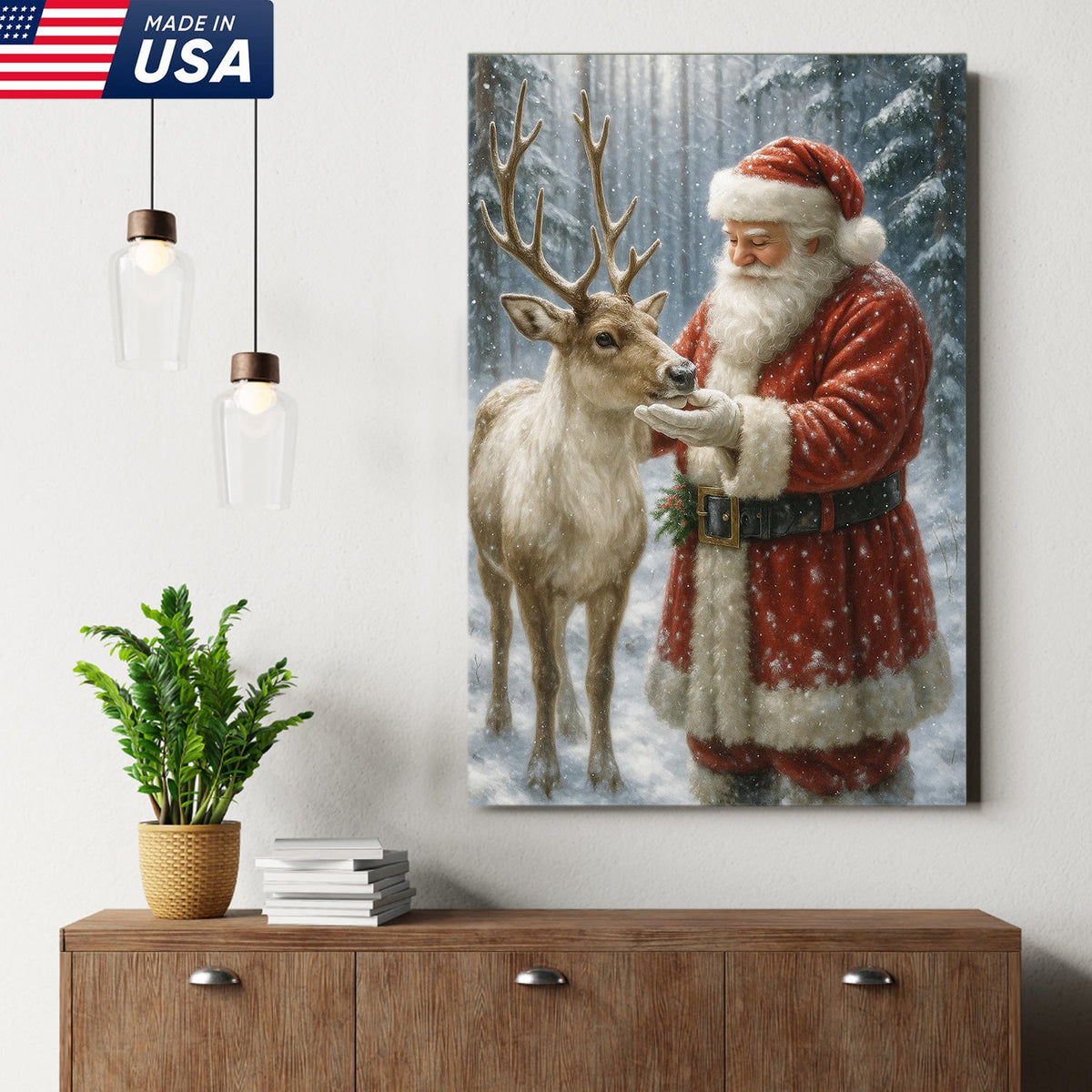 Santa and Reindeer Christmas Canvas Wall Art, Rustic Snowy Forest Holiday Print