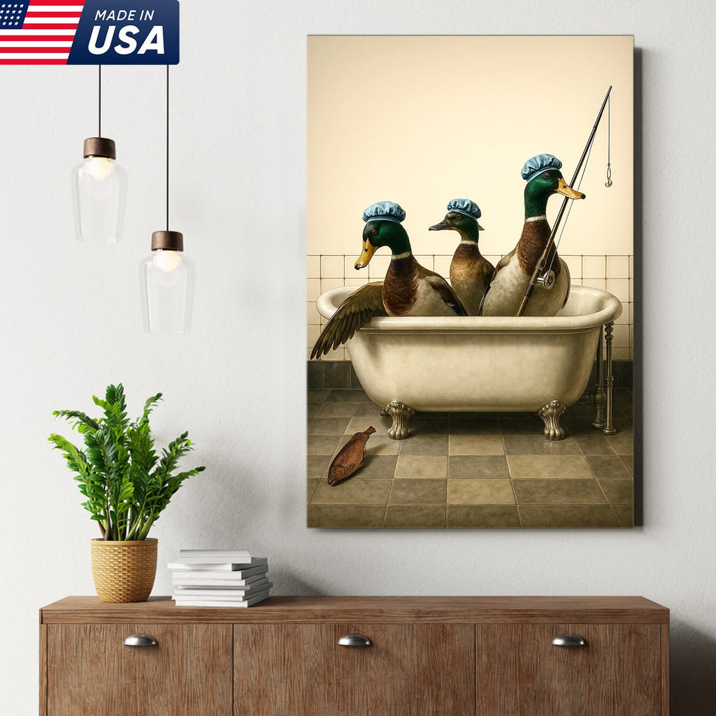 Fishing Ducks Canvas Art – Funny Trio of Ducks in Bathtub with Rod