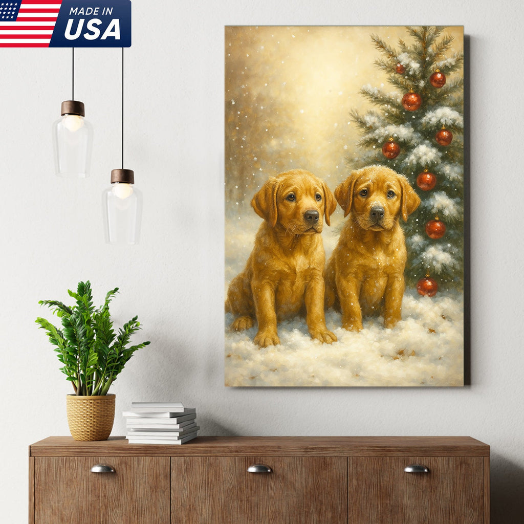 Christmas Golden Puppies Canvas Wall Art – Cute Labrador Dog Holiday Canvas Print