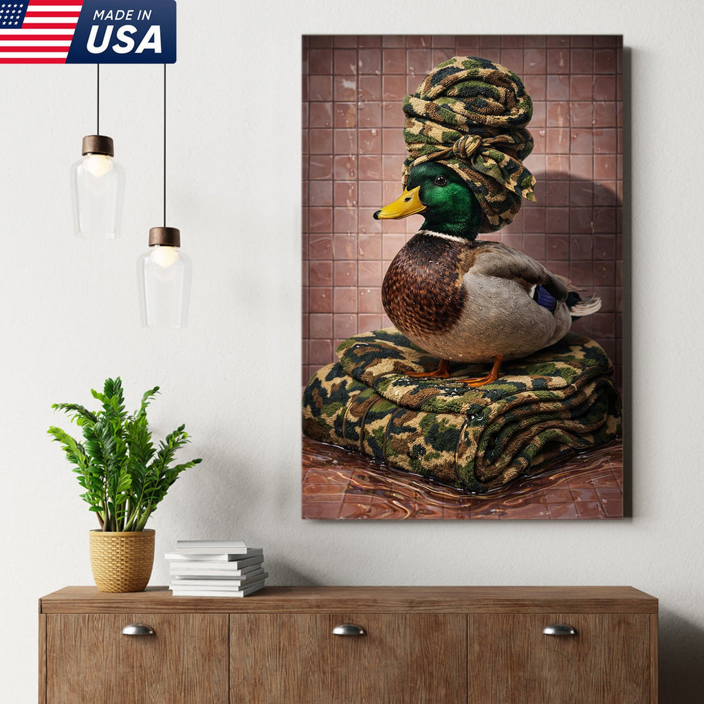 Funny Hunting Duck Bathroom Canvas – Camo Spa Duck Wall Art