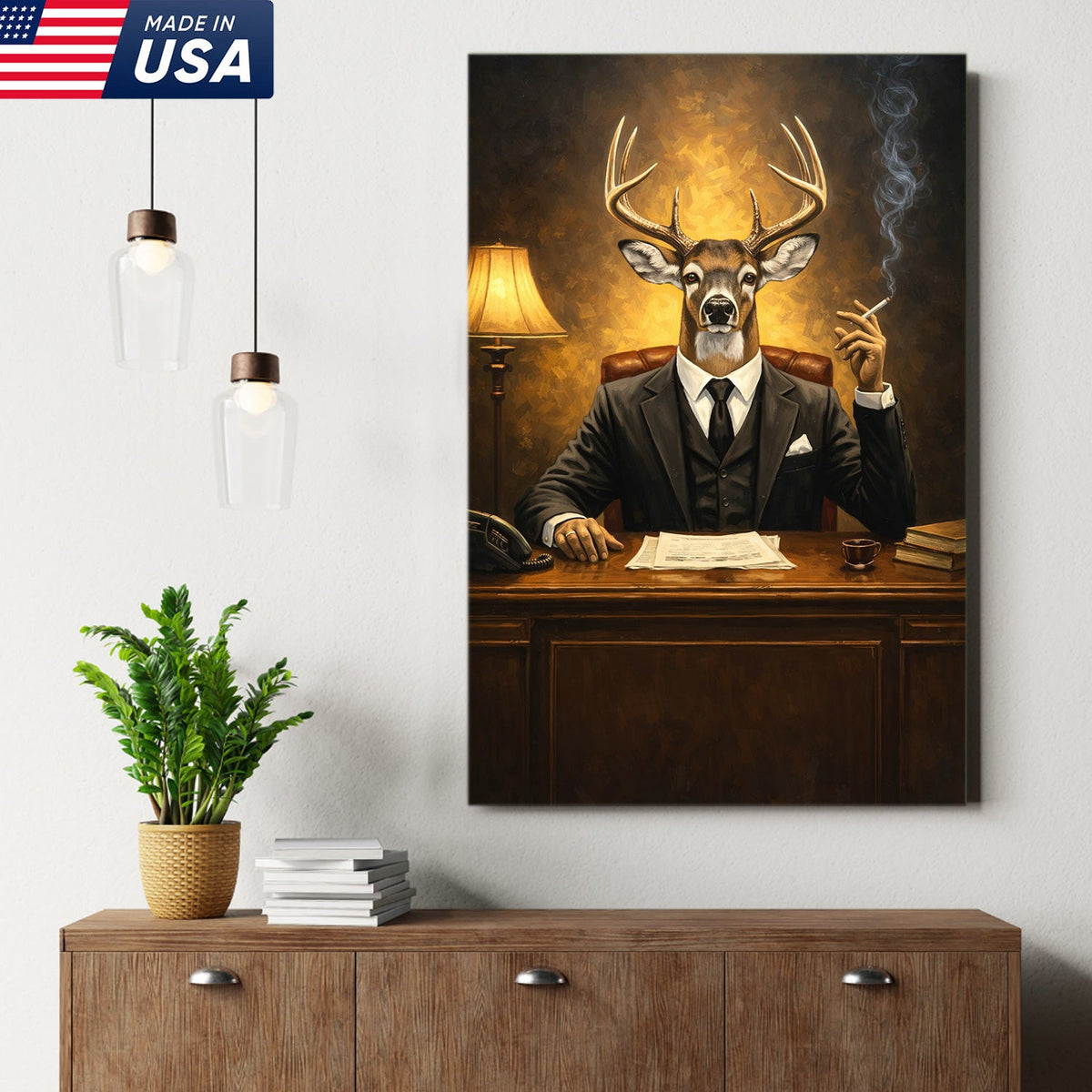 Anthropomorphic Deer Businessman Canvas Wall Art, Surreal Animal Portrait Artwork