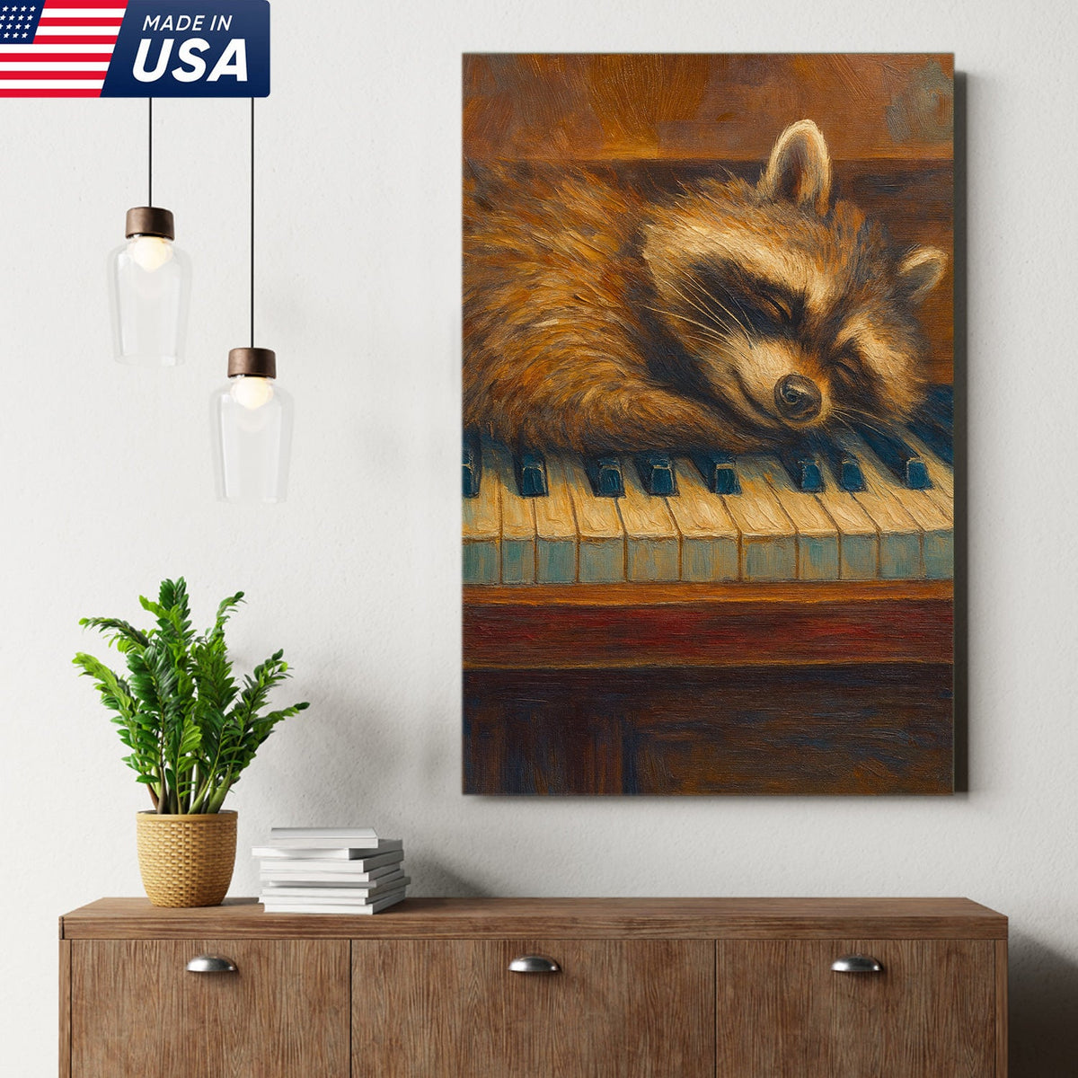 Sleeping Raccoon Wall Art Canvas - Cozy Animal Wall Decor, Cute Raccoon Painting