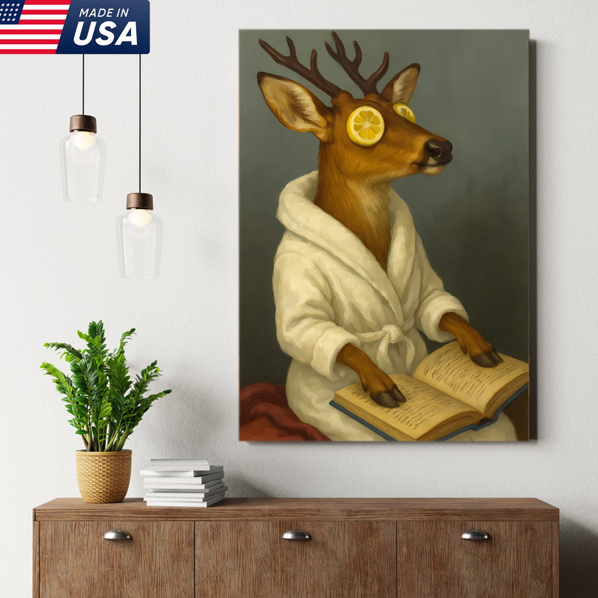 Funny Deer Spa Portrait Wall Art – Relaxing Deer With Lemon Eyes, Whimsical Animal Painting