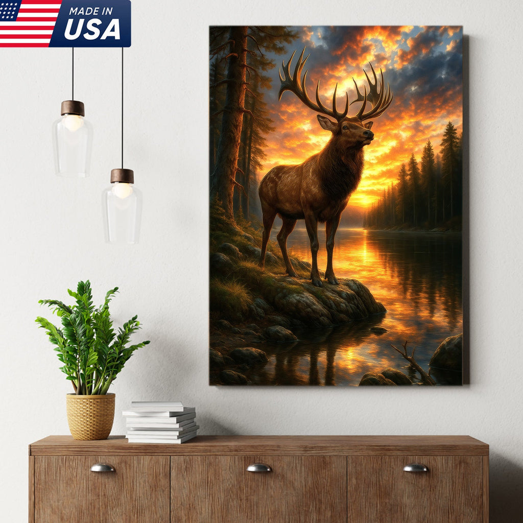 Majestic Elk at Sunset By The Lake Canvas– Wildlife Wall Art for Cabin, Lodge & Nature Lovers