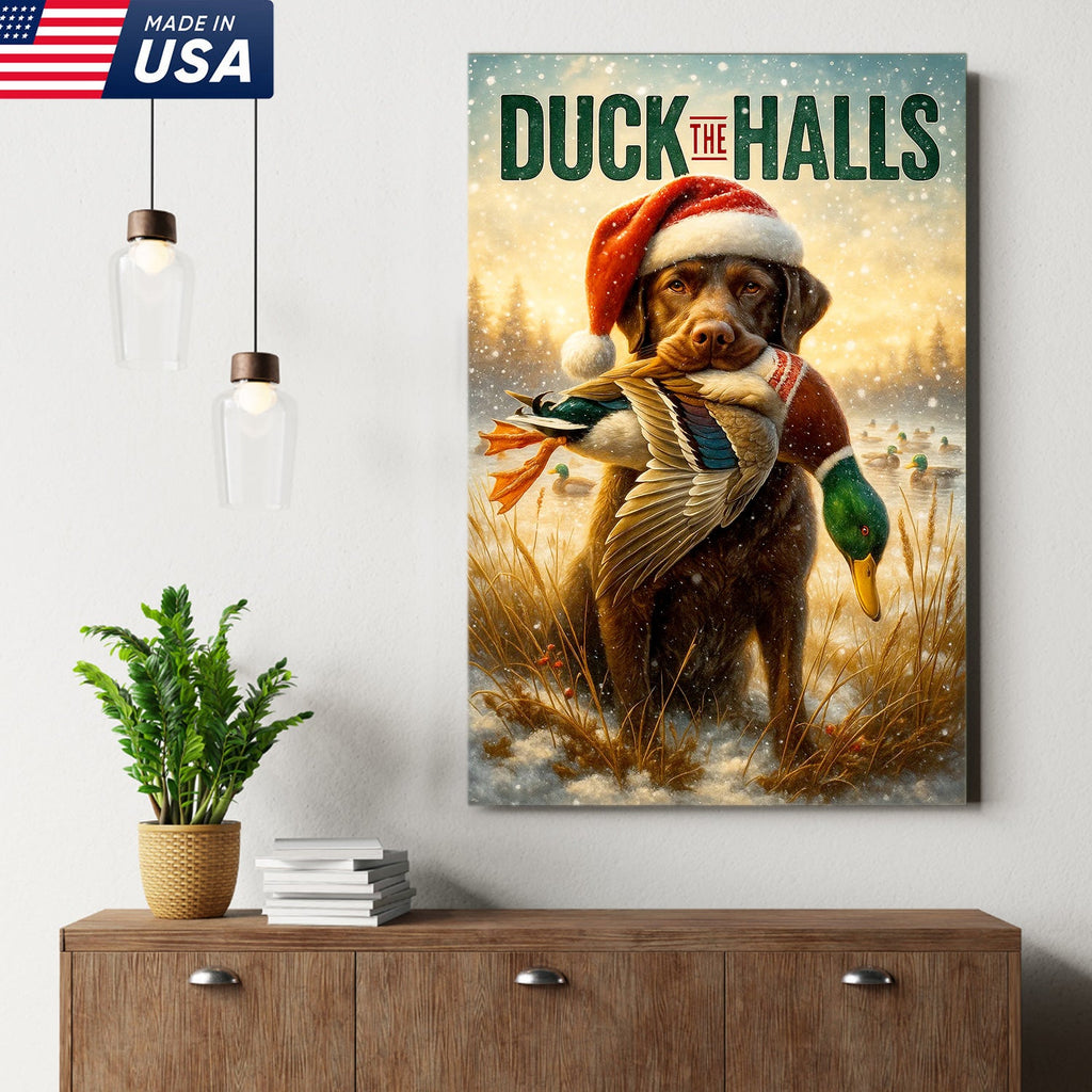 Duck The Halls Christmas Hunting Dog Canvas Art, Funny Holiday Wall Decor for Hunters